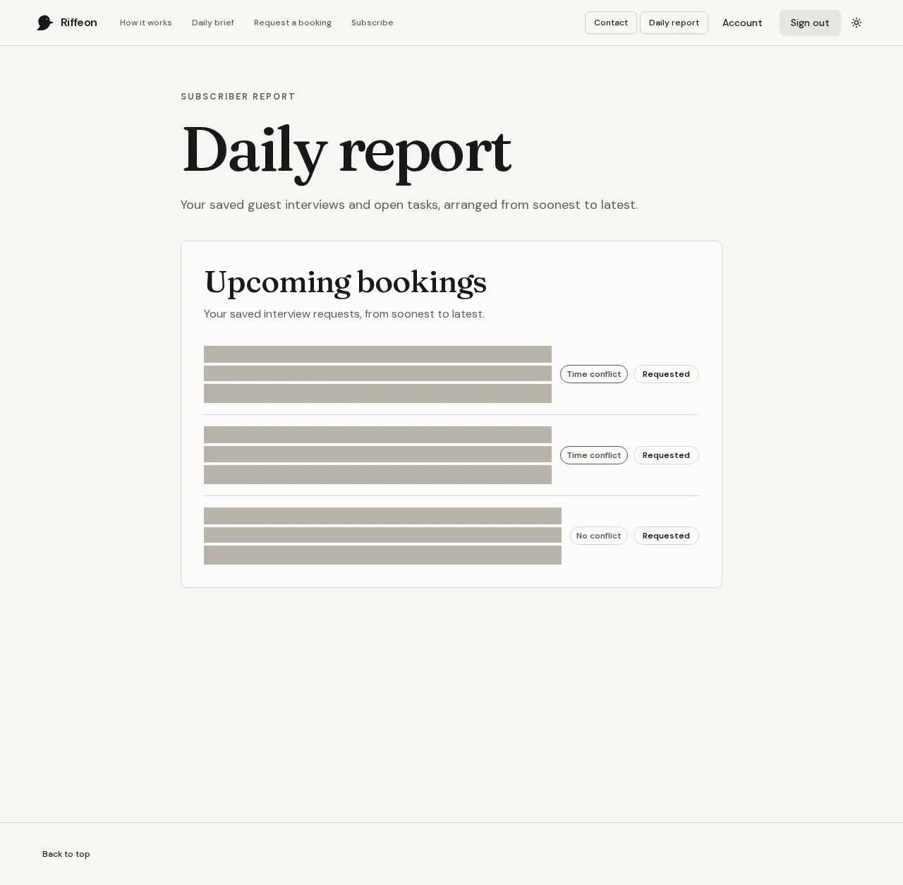 Daily report interface showing upcoming interview rows and time-conflict indicators, with guest details redacted.